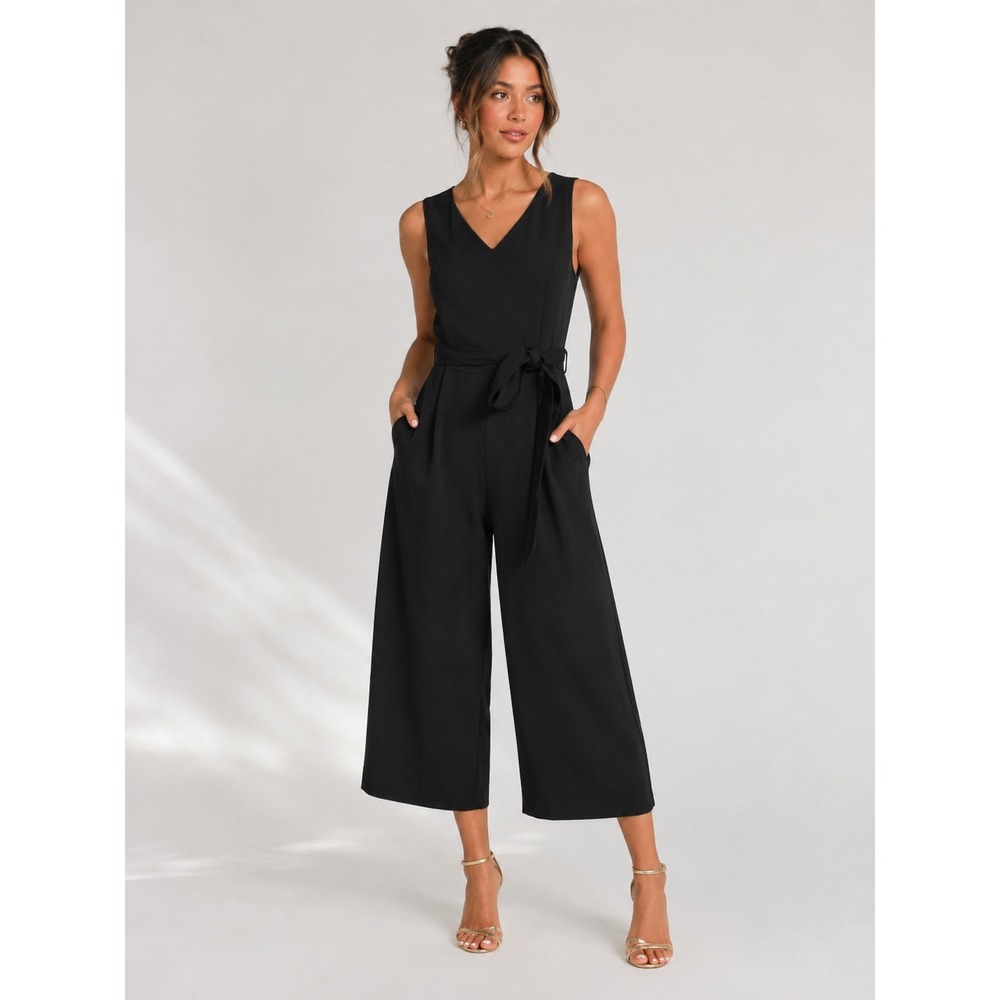 Calvin Klein Black Sleeveless V-Neck Tie Waist Wide Leg Cropped Jumpsuit 12